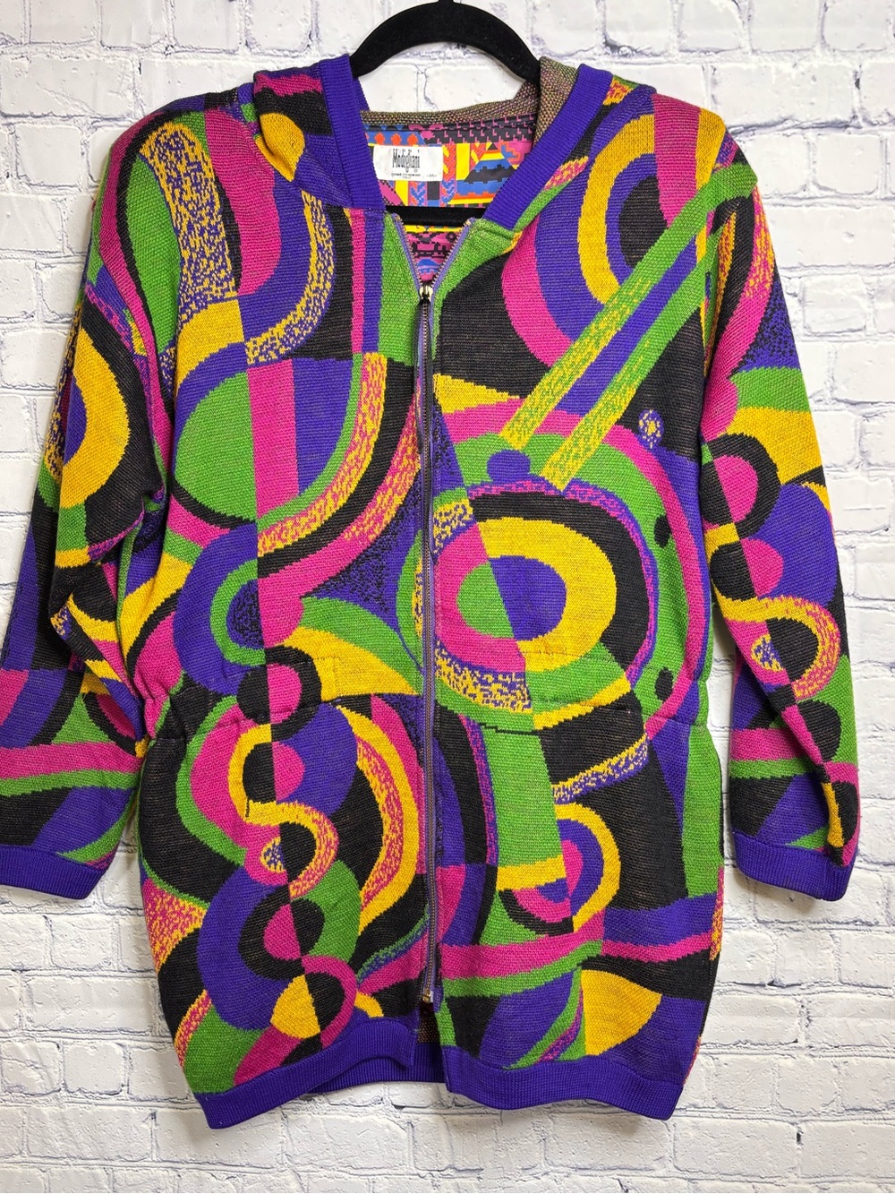 VINTAGE Modigliani Italy Abstract Art to Wear Mod Knit Hooded Sweater Jacket M